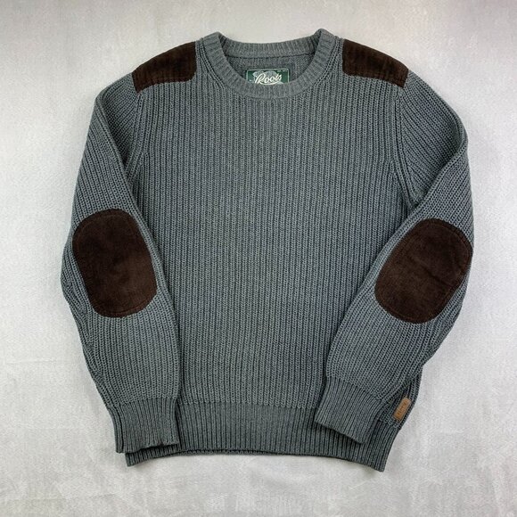 Roots Mens Sweater Medium Gray Crewneck Long Sleeve Commando Patches Ribbed - Picture 1 of 8